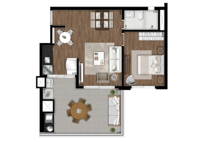 Plant illustrated 60m² - 1 double bedroom. with decoration suggestion Plant illustrated 60m² - 1 double bedroom. with decoration suggestion