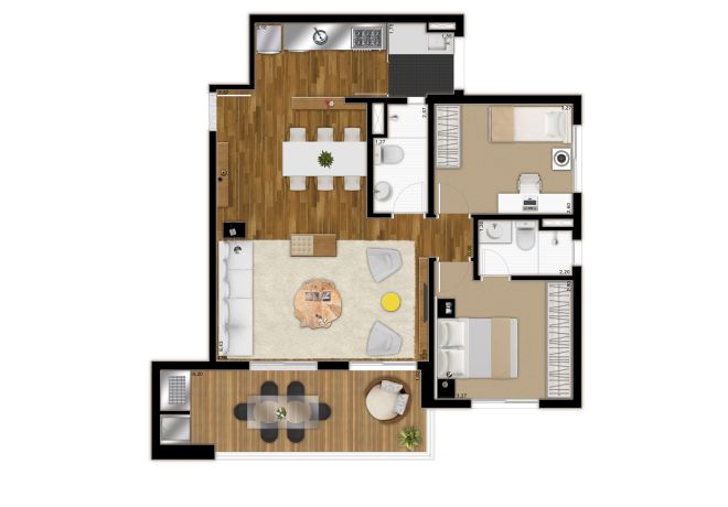 Plant Illustrated 85m² - 2 Dorms (1 suite) - with decoration suggestion Plant Illustrated 85m² - 2 Dorms (1 suite) - with decoration suggestion
