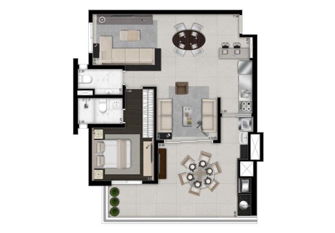 Illustrated plant 88m² - 1 suite with decoration suggestion Illustrated plant 88m² - 1 suite with decoration suggestion