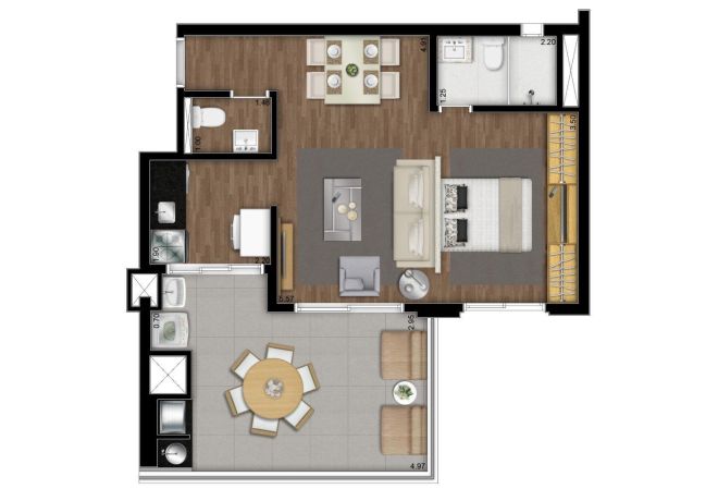 Plant illustrated 60m² - loft with decoration suggestion Plant illustrated 60m² - loft with decoration suggestion