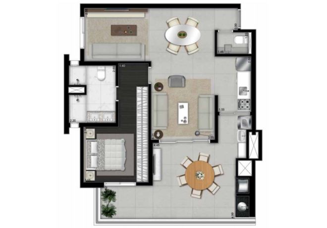 Illustrated plant 88m² - 1 master suite with decoration suggestion Illustrated plant 88m² - 1 master suite with decoration suggestion