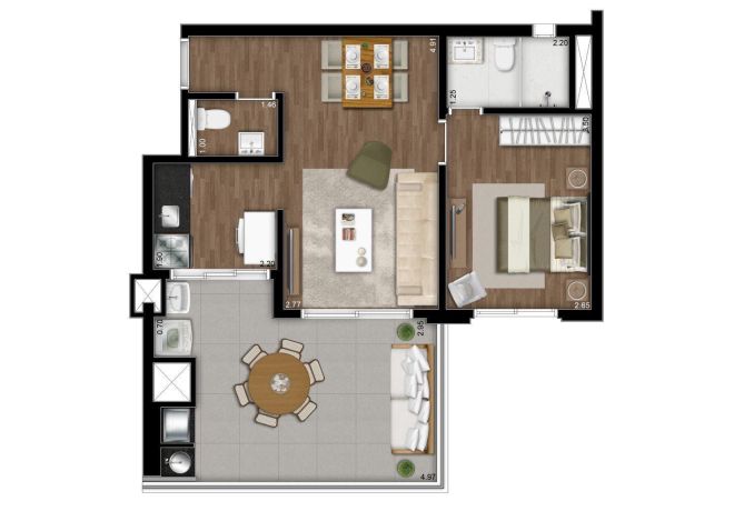 Illustrated plant 60m² - 1 suite with decoration suggestion Illustrated plant 60m² - 1 suite with decoration suggestion