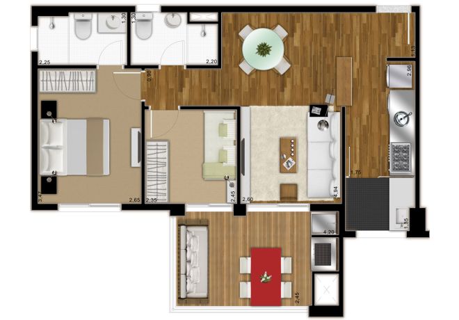 Plant Illustrated 66m² - 2 Dorms (1 suite) - with decoration suggestion Plant Illustrated 66m² - 2 Dorms (1 suite) - with decoration suggestion