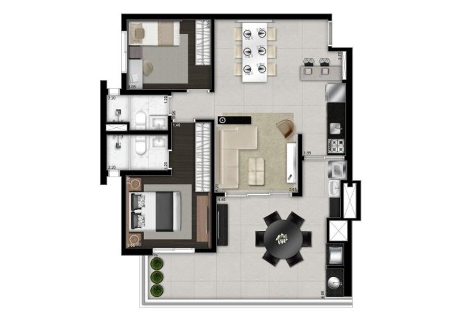 Illustrated plant 88m² - 2 bedrooms (1 en suite) with decoration suggestion Illustrated plant 88m² - 2 bedrooms (1 en suite) with decoration suggestion