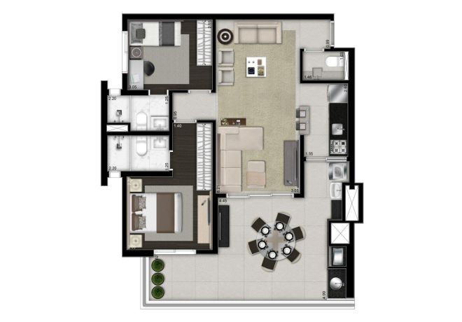 Illustrated plant 88m² - 2 suites with decoration suggestion Illustrated plant 88m² - 2 suites with decoration suggestion