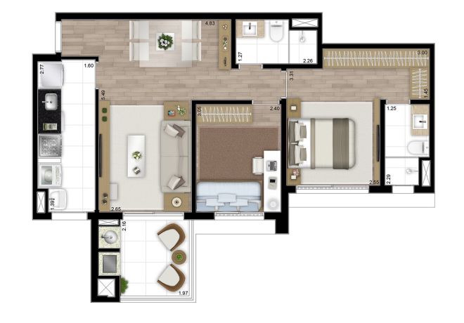 Floor plan 69m² - 2 bedrooms (1 suite) with decoration suggestion