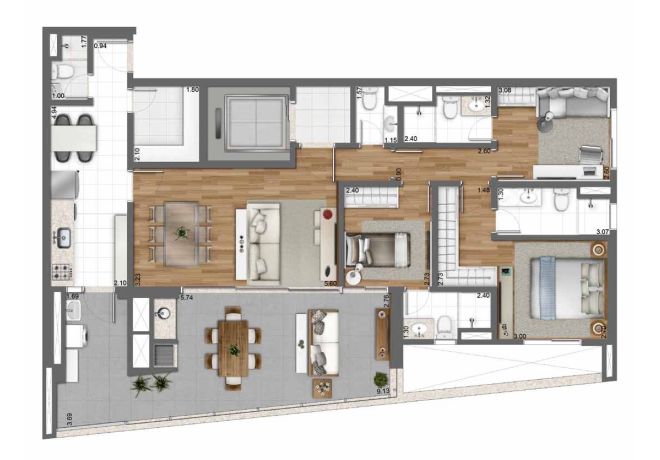 131 m² floor plan - 3 suites with decoration suggestion