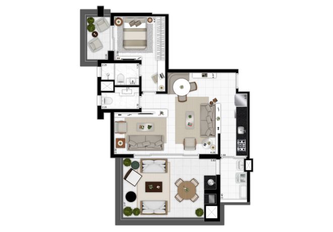 Floor Plan 90m² - 1 suite - toilet - living room with decoration suggestion