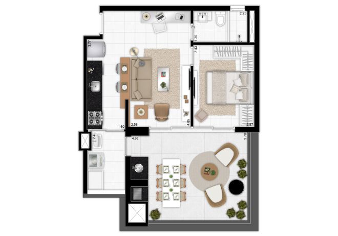 Planta ilustrada 64 m² – 1 dormitório – cozinha ampliada e integrada ao living com sugestão de decoração