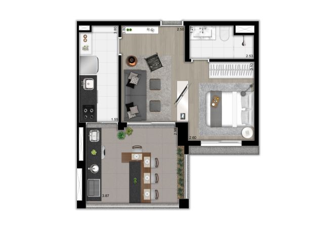 Planta ilustrada do apto. de 47m² - studio, cozinha fechada e ampliada - opção 2