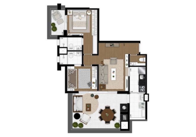 Floor plan 90m² - 2 suites with decoration suggestion