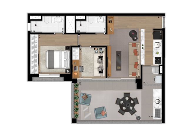 Floor plan type -  79 sqm - 2 bedrooms (1 extended suite), open kitchen – option 2