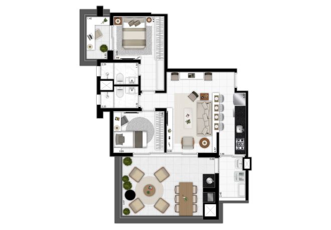 Floor plan 90m² - 2 bedrooms (1 suite) with decoration suggestion