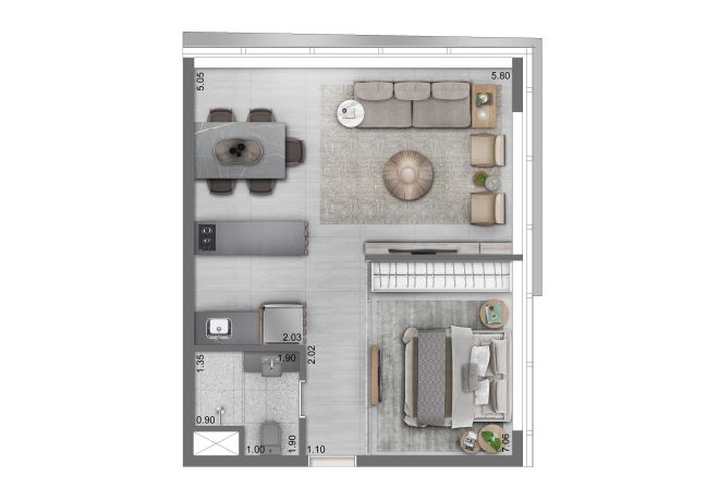 Funchal 641, Torre Apartments - Planta 1 Dorm. - 46m² Funchal 641, Torre Apartments - Planta 1 Dorm. - 46m²