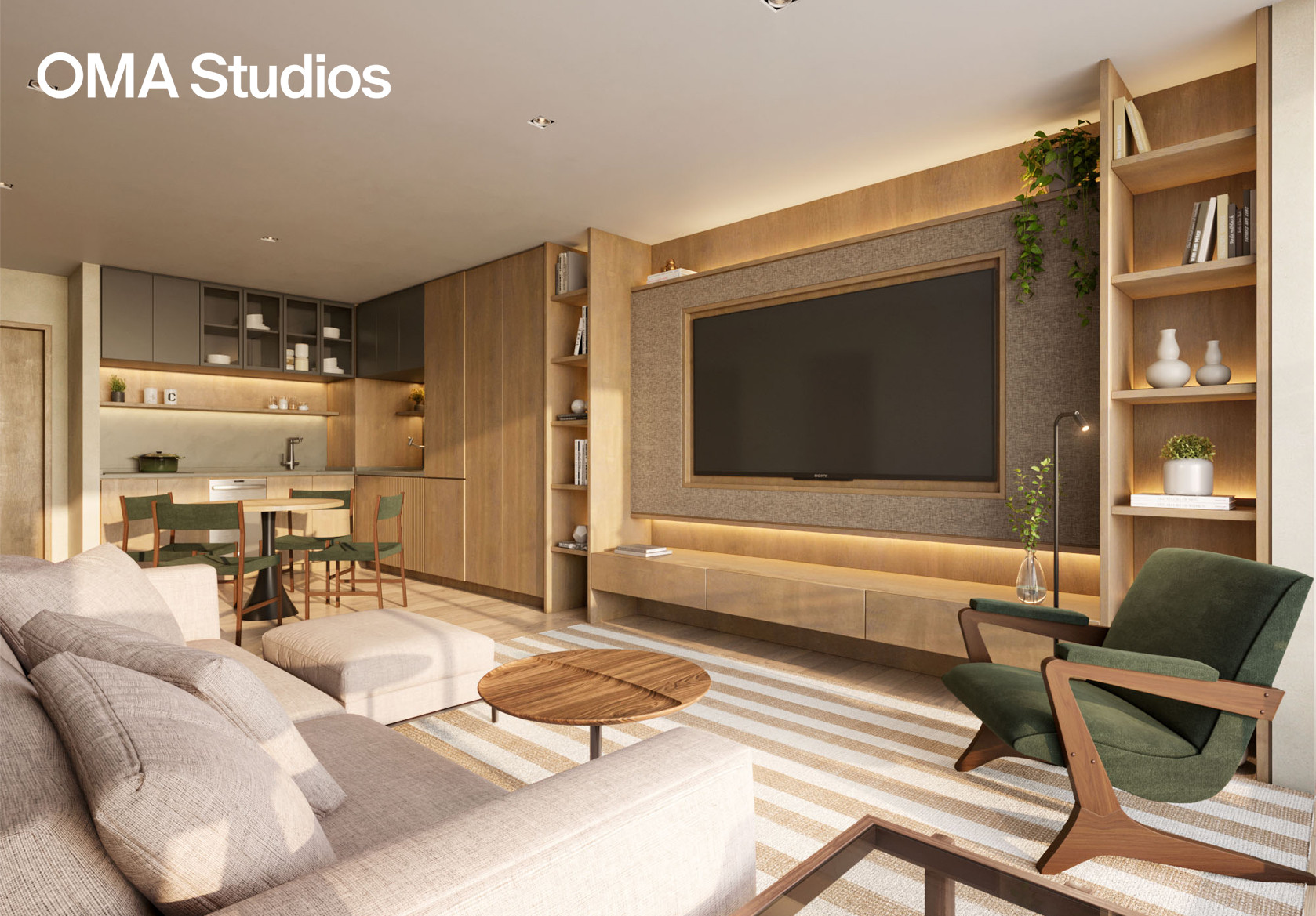 Illustrated perspective of the 63sqm living room - NR unit - Oma Studios