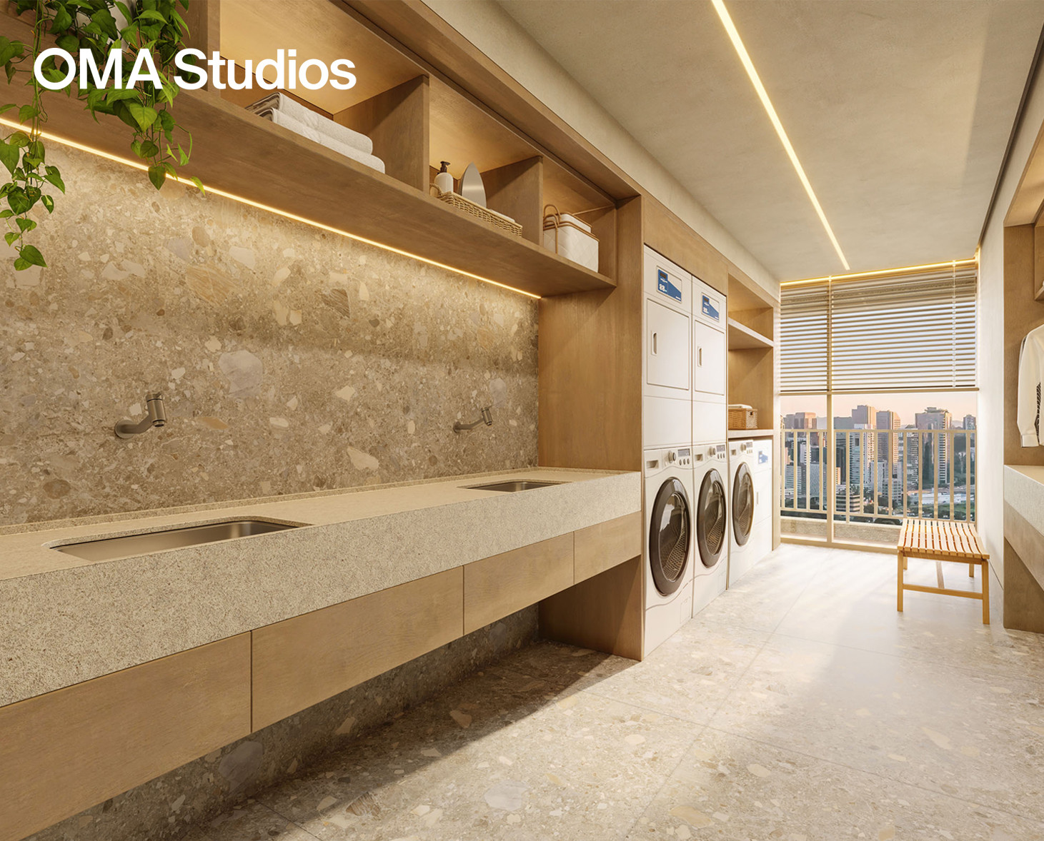 Illustrated perspective of the laundry room - Oma Studios