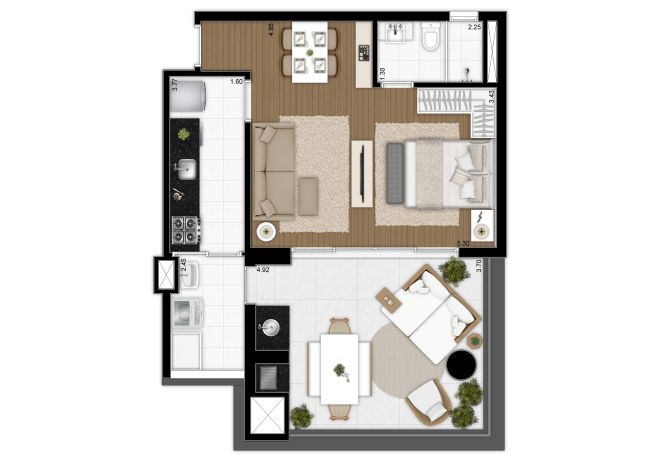 Planta ilustrada 64 m² – suíte integrada ao living e cozinha ampliada com sugestão de decoração