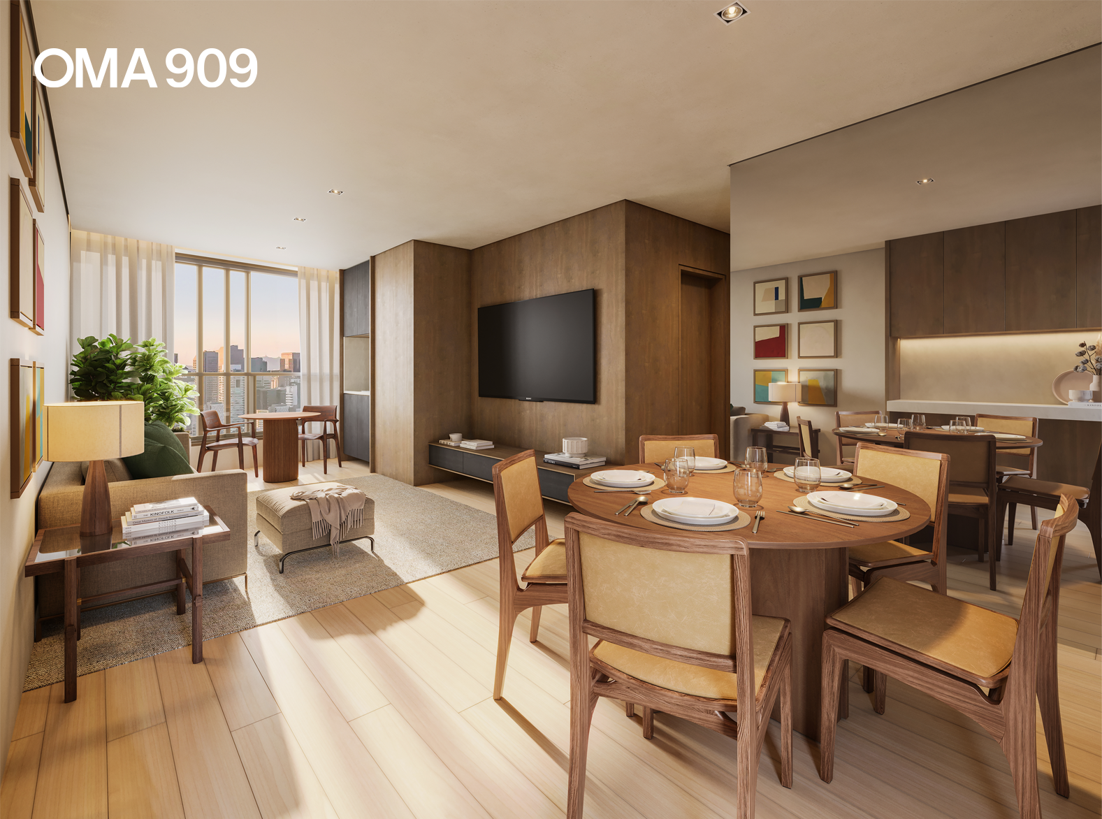 Illustrated perspective of the living room of the 82sqm apartment - Oma 909