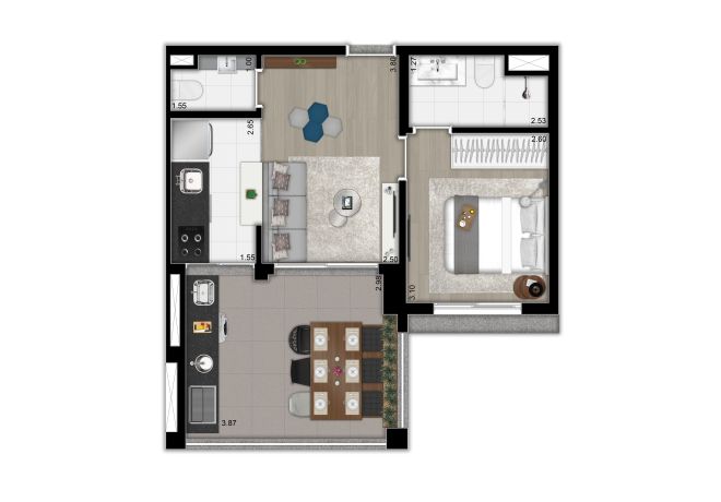 Planta tipo ilustrada do apto. de 47m² - 1 suíte, lavabo e cozinha aberta