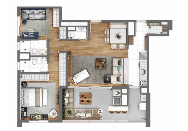 105 m² floor plan - 2 suites with decoration suggestion
